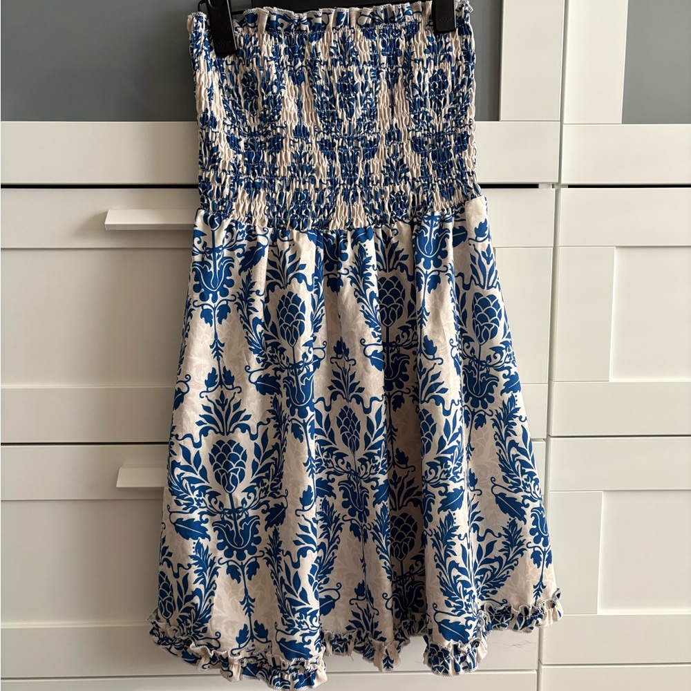 Blue and White Strapless Dress
